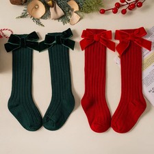 Kids Christmas Girls Socks Autumn Winter Toddlers Red Bowknot Baby Knee High Lon