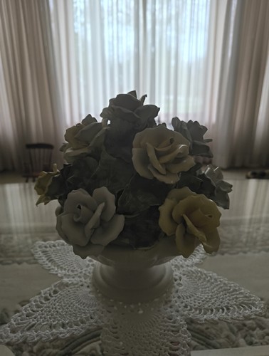 Capodimonte Style- Large Yellow Flower Ceramic Arrangement , Made In Italy