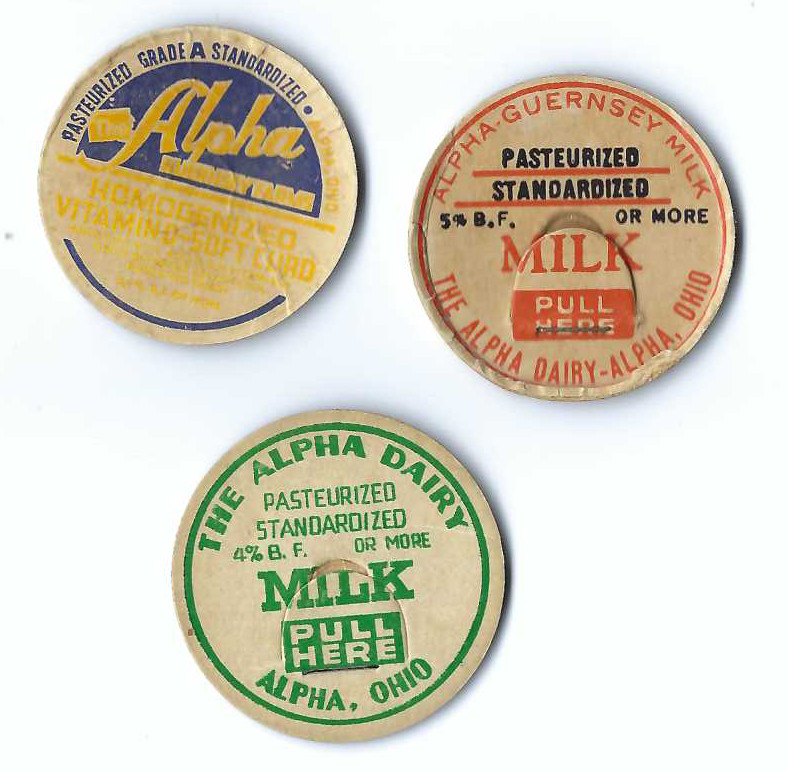 3 DIFFERENT VINTAGE THE ALPHA DAIRY FARM ALPHA OHIO OH O MILK BOTTLE CAPS - RARE