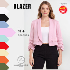 Ladies Ruched Sleeve Cropped Jacket Open Front Plain Smart Office Casual Blazer