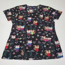 Zoe  Chloe Women's Size Medium V-neck Scrub Top Black Forest Animal Vet Tech