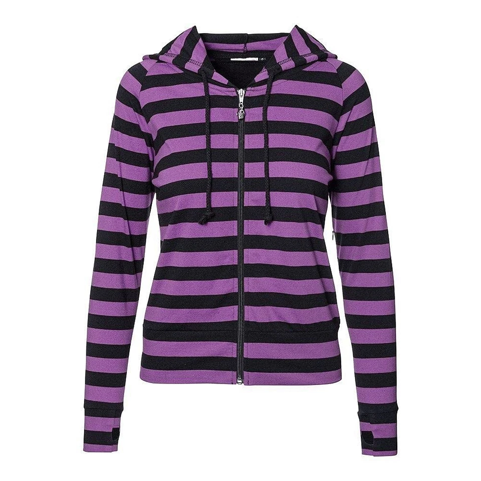 Cat Ears Striped Hoodie Womens Black Purple Stripe Zip Up Nekomimi Jacket - Image 2 of 4