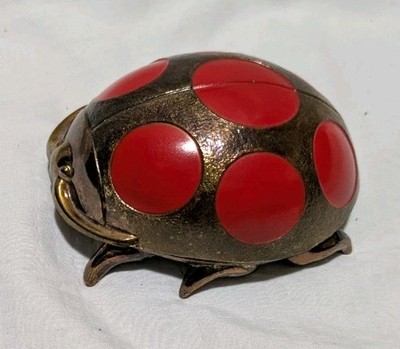 Vintage Silverplate Metal Japanese Red & Copper Ladybug Trinket Jewelry Box RARE
