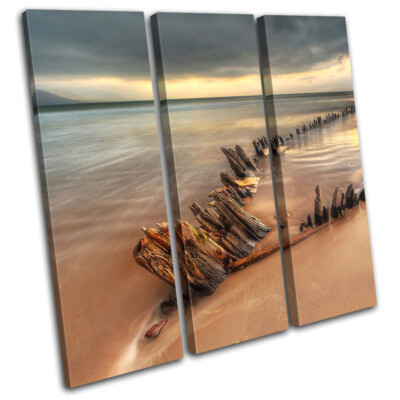 Sunset Seascape Beach Fence TREBLE TELA Parete Arte Foto Stampa - Foto 2