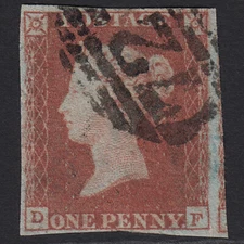 J25_13 GB QV 1841 1d RED-BROWN PLATE 106 SG8-B1(1) DF FU 4M IMPERF
