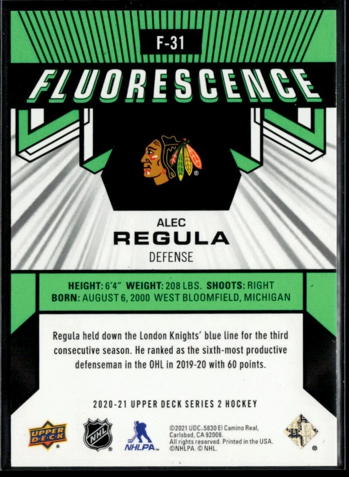 2020-21 Upper Deck Fluorescence Green #F-31 Alec Regula RC 11/15 - Image 2 of 2