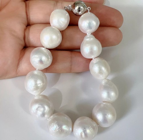 elegant 14-12mm south sea baroque white pearl bracelet 8" s925 silver - Picture 2 of 3