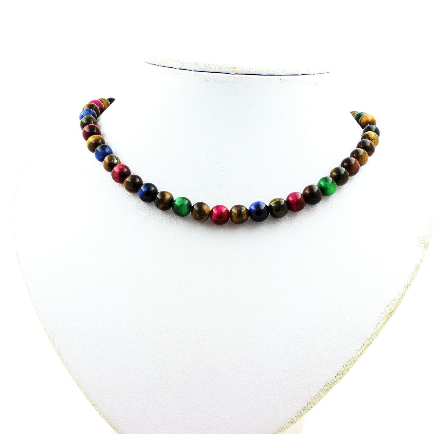 Collier en Oeil de Tigre Multicolore 8 mm et Chaîne en Acier Inoxydable
