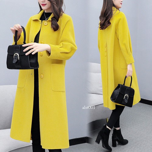 Women Elegant Woolen Mid Length Trench Coat Lantern Sleeve Button Jacket Outwear