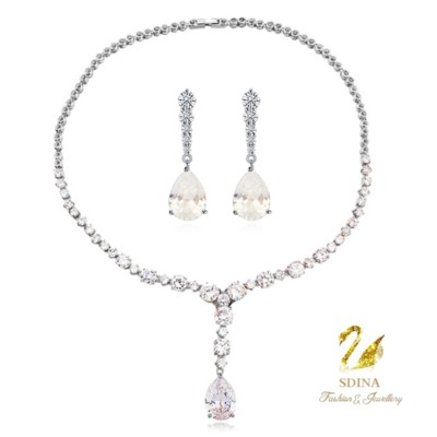 18K White Gold Filled AAA Grade Cubic Zirconia  Classic Teardrop Wedding Set