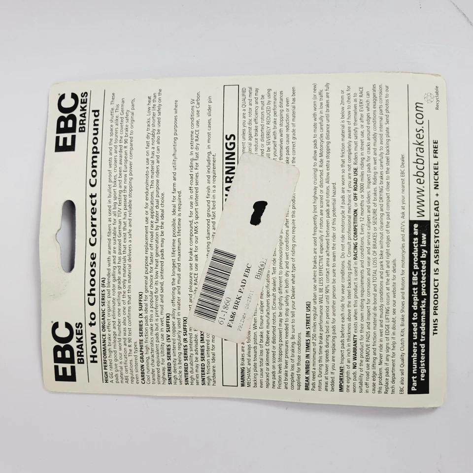 EBC - FA86 - Pastillas de freno orgánicas FA86 61-1860 15-86 160722 para Hyosung ATK Honda Foto 3 de 3