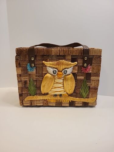 Owl Wicker Purse Checkered Woven Handmade Lined Vintage Lunch Basket  - Picture 1 of 15