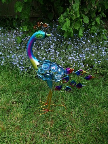 New Metallic Jewelled Peacock Standing Peacock Garden Outdoor Ornament - Picture 5 of 7