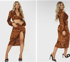 New Prettylittlething Rust Dalmatian Long Sleeve Cut Out Satin Midi Dress size 4