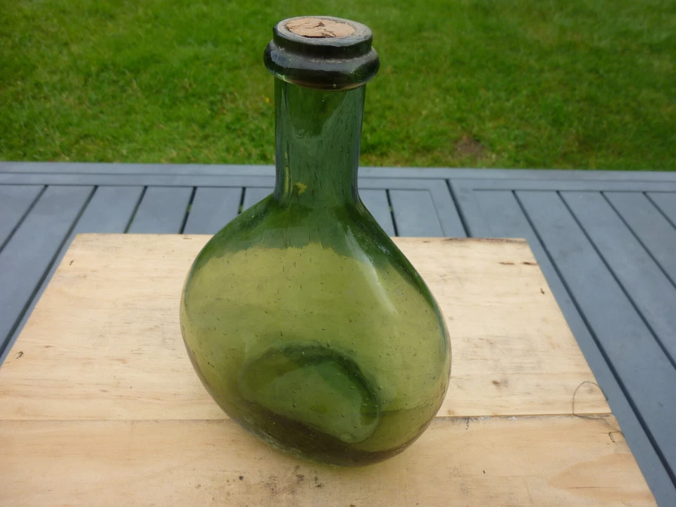 flasque bouteille gourde plate ancienne verre soufflé pontil glass flask 19ème - Photo 4/4