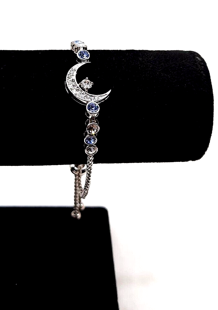 Crescent Moon & Rhinestones Bolo Clasp Silvertone Bracelet