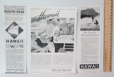 LOT OF 3 HAWAII TOURIST VACATION CRUISE ADS Vintage Magazine 
