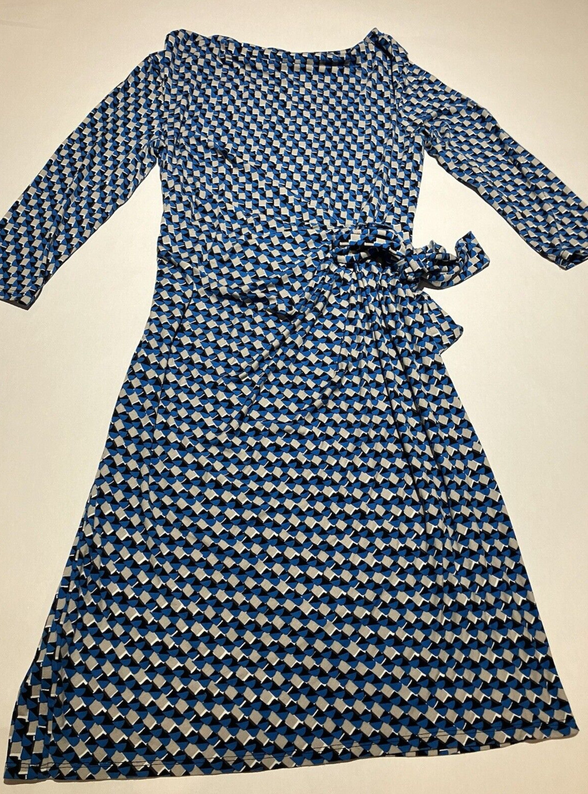 Ann Taylor Petite PS blue/grey/black geometrical wrap dress long sleeves