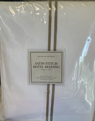Restoration hardware Italian Satin Stitch Sheet Set Queen - White/Gold - NWT