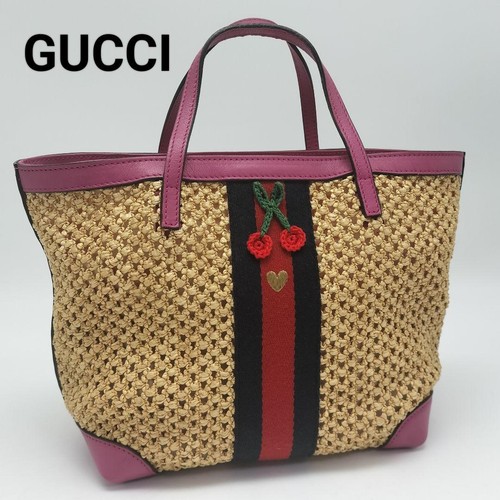 GUCCI Cherry Sherry Line Tote Hand Bag Leather Raffia Pink Beige #2699