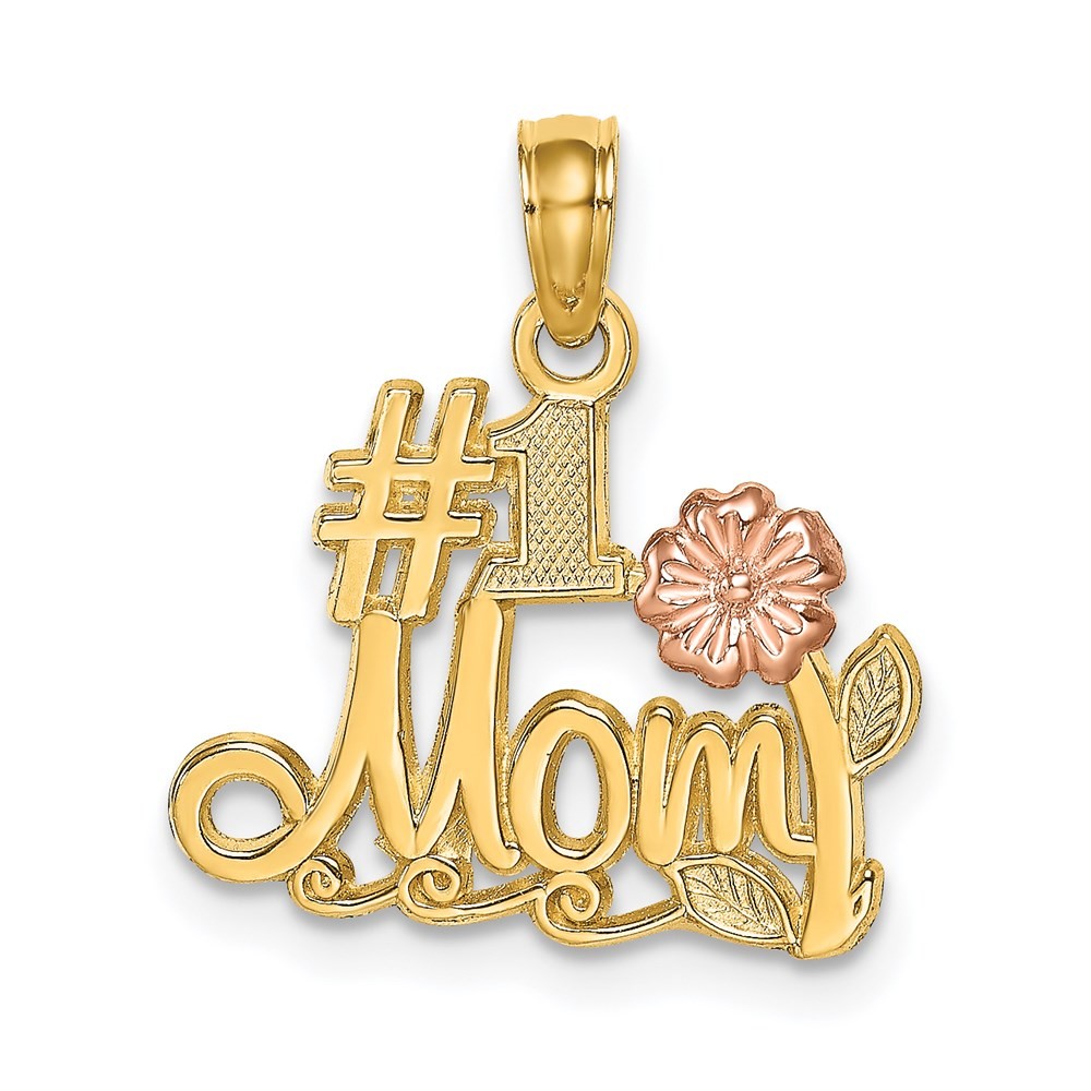 14k Two-tone Gold #1 MOM Script with Flower Charm Pendant 1.04gm L-15.9 mm