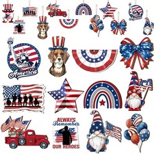 4th of July Wooden Tree Ornaments Patriotic 3 x 3 Inch Hanging Home Decor Set