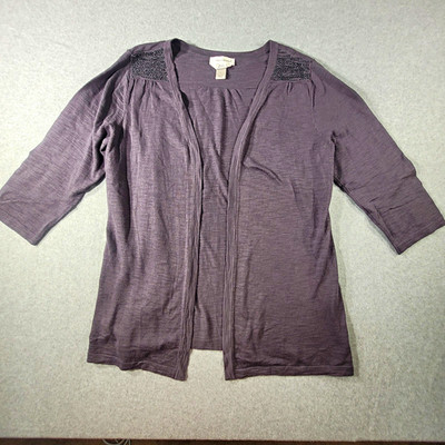 Christopher & Banks Purple Beaded Lightweight Open Front Knit Cardigan L 3/4 arm