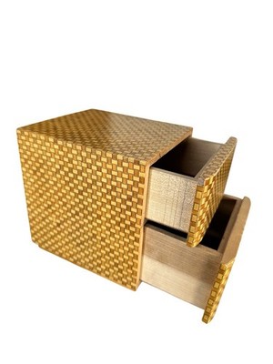 Vintage Basketweave Wood Veneer Jewelry Box 2 Drawer Red Lining