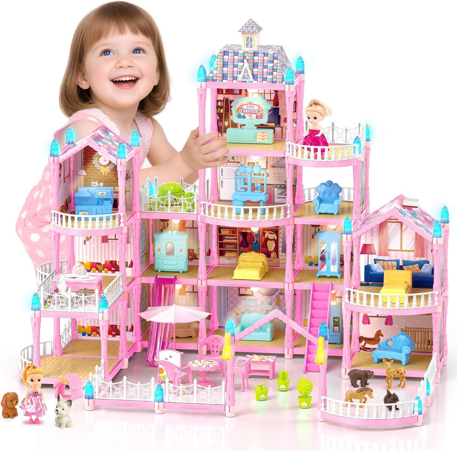 Doll House for Girls, Dream Dollhouse 4-Story 15 Rooms with 2 Dolls, Lights