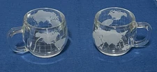 Set of 2 VINTAGE Nestle Nescafe WORLD GLOBE Etched Glass MUGS Coffee Tea Cups