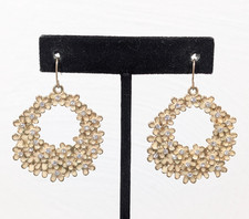 Boho Retro Cream Enamel Daisy Flower Rhinestone Round Hoop Earrings