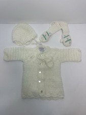 Vintage CradleKnit Baby Sweater Hat  Mittens Set White Acrylic Handmade