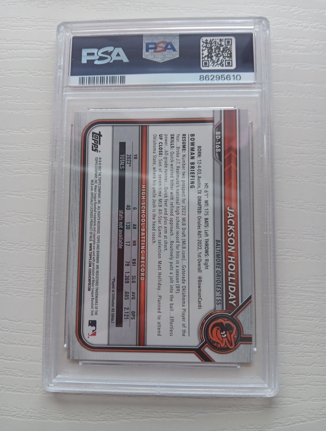2022 BOWMAN DRAFT #BD168 JACKSON HOLLIDAY ROOKIE RC PSA 9 view 3