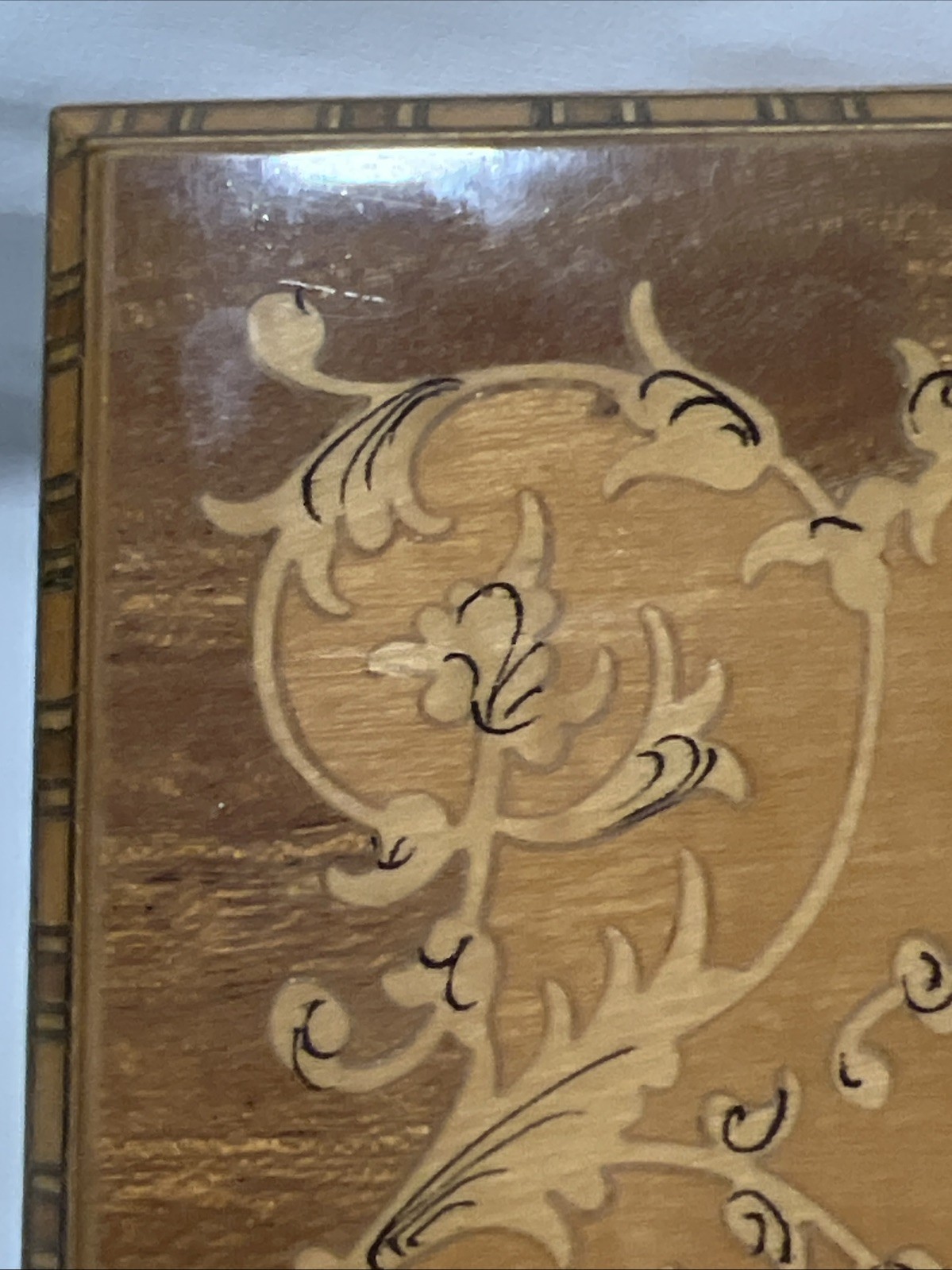 Italian Square Marquetry Inlaid Painted Wood Jewelry Trinket Box 4 3/8"