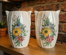 Pair of Crown Devon Fieldings Art Deco Style 1950s Vases 7" tall