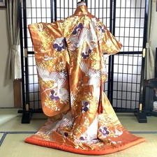 Vintage Japanese Uchikake Kimono Silk Gold  Silver Embroidery Crane Plum Motif