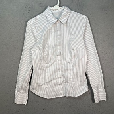 Mango Womens 4 White & Blue Striped Button-Up Long Sleeve Collared Shirt