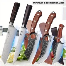 2 PCS Damascus Steel Knives Set With Leather Sheath For Camping Outdoor