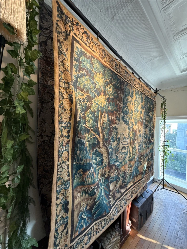 Gorgeous Rare Antique French Tapestry Style Natural Fiber Reproduction 78" x 57" - Image 4 of 4