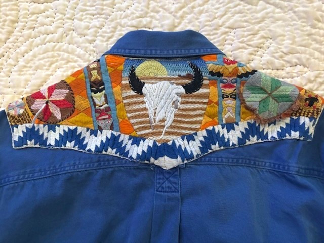 Vintage Denim Embroidered Sportsman Cowboy Western Patchwork Jean Shirt XL