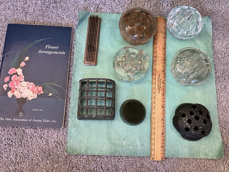 Lot of 8 Vintage Glass & Metal Flower Frogs Various Styles Rustic Farm