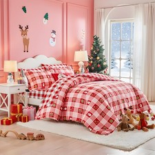 Christmas Duvet Cover Set Red White Plaid Style Queen Size Snowflakes Snowma...