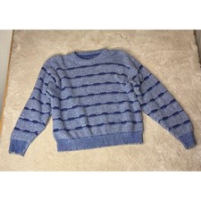 Vintage Blue Textured Knit Sweater - M - Striped Crew Neck Retro 90s GrandpaCore