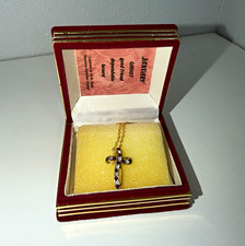 Gold Tone Cross Pendant Necklace Cable Chain w/ Red  Clear Crystal Stones