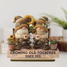 3D Effect Gnome Couple Grow Old Together - Personalized couple Wooden Plaque