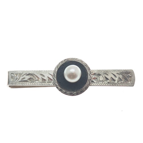 925 Sterling Silver Antique Japan Real Pearl & Wood Diamond-Cut Tie Bar Clip - Photo 4 sur 7