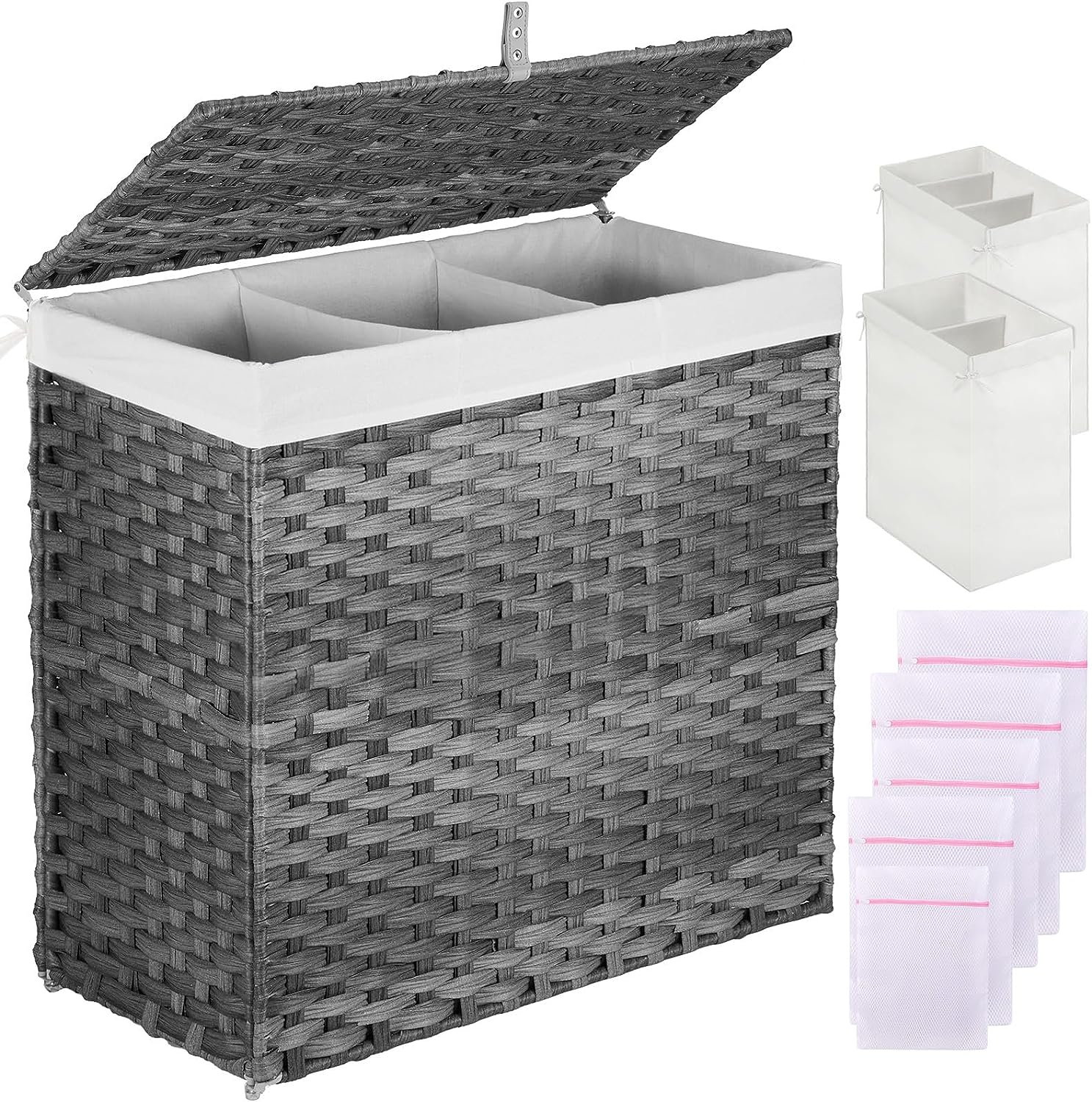 125L Large Laundry Hamper with Lid, Featuring 3-Section & 2-Section Removable Dividers for Ultimate Organization-image