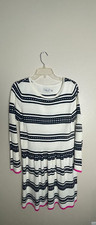 Eliza J Women's Blue Trim Knee Length Sweater Dress Long Sleeve White Size Large