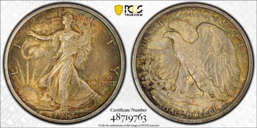 Toned 1917 Walking Silver Half Dollar 50c PCGS MS62 - Foto 1 di 9