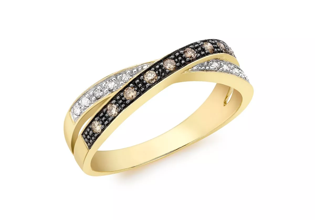 Brown and White Diamond Crossover Ring 9ct Yellow Gold eBay